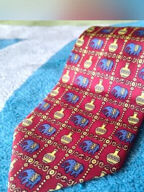 Sinsabang Pure Silk Vintage Necktie Red Gold Blue Elephant Pottery Indian Motif